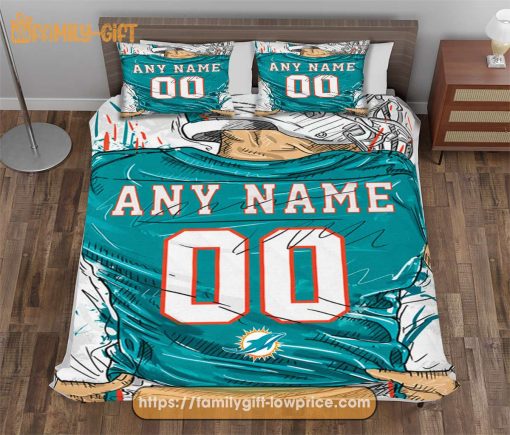 Miami Dolphins Jerseys NFL Bedding Sets, Miami Dolphins Gifts, Cute Bed Sets Custom Name Number