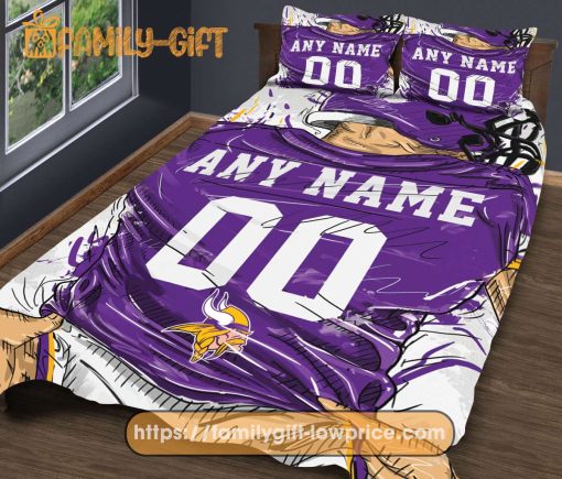 Minnesota Vikings Jerseys NFL Bedding Sets, Minnesota Vikings Gifts, Cute Bed Sets Custom Name Number