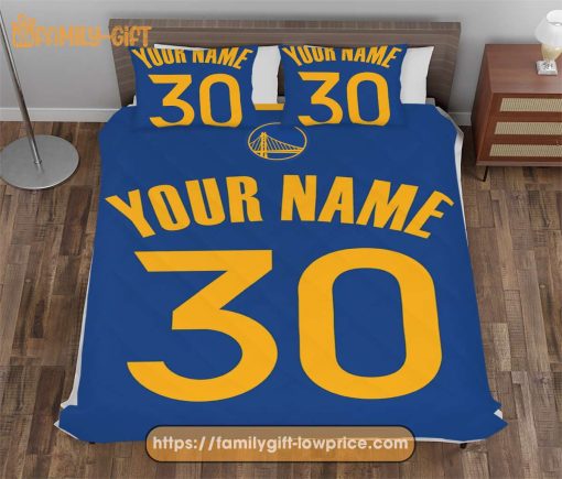 Golden State Warriors Jersey NBA Basketball Bed, Cute Bed Sets Custom Name Number, Golden State Warriors Gifts