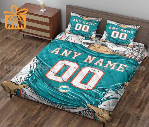 Miami Dolphins Custom Jersey Quilt Bedding Sets, Miami Dolphins Gifts for Him & Her, Personalized NFL Jerseys with Your Name & Number