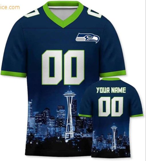 Custom Football Jersey for Seattle Seahawks Fans – Personalize with Your Name & Number on a Cityscape Shirt – Perfect Gift for Men & Women