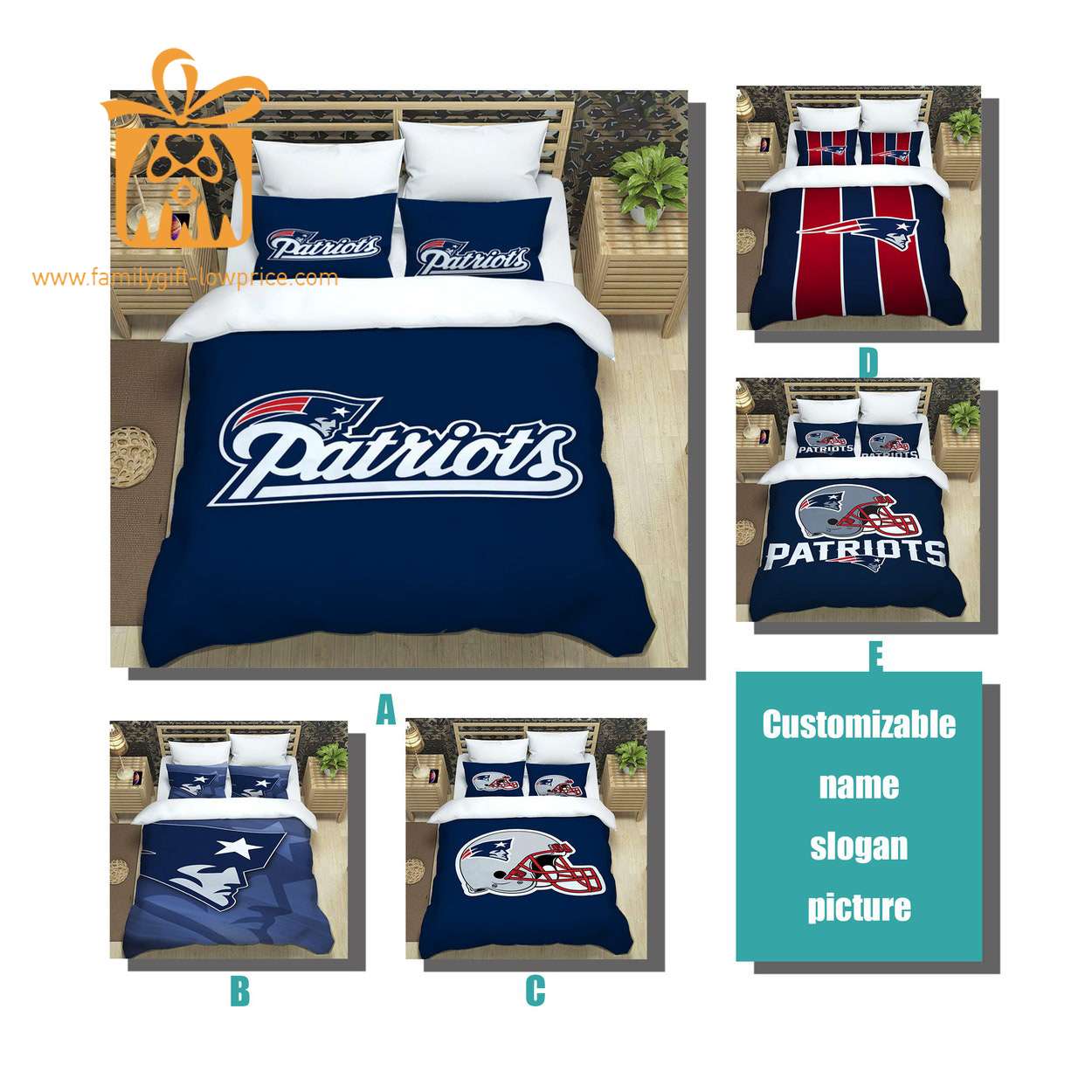 New England Patriots Bedding NFL Set, Custom Cute Bed Sets with Name & Number, Patriots Football Gifts