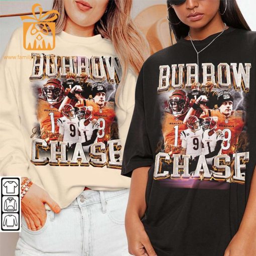 Vintage 90s Inspired Joe Burrow & Ja’Marr Chase Shirt – Cincinnati Bengals Football Collectible, Perfect for Father’s Day & Christmas