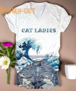 Blue Wave Cat Ladies V Neck T Shirt – Women’s Ocean Inspired Cat Lover’s Tee 1