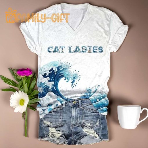 Blue Wave Cat Ladies V-Neck T-Shirt – Women’s Ocean-Inspired Cat Lover’s Tee