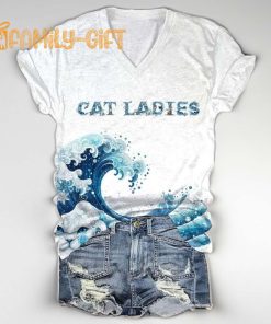 Blue Wave Cat Ladies V Neck T Shirt – Women’s Ocean Inspired Cat Lover’s Tee 2