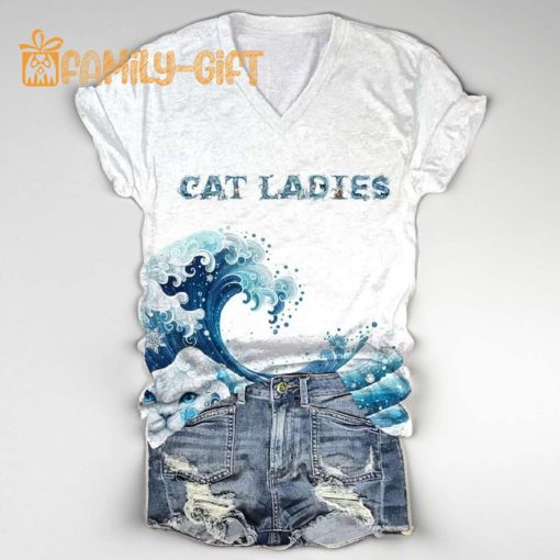 Blue Wave Cat Ladies V-Neck T-Shirt – Women’s Ocean-Inspired Cat Lover’s Tee