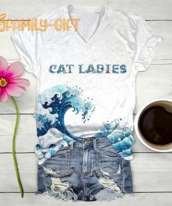 Blue Wave Cat Ladies V Neck T Shirt – Women’s Ocean Inspired Cat Lover’s Tee