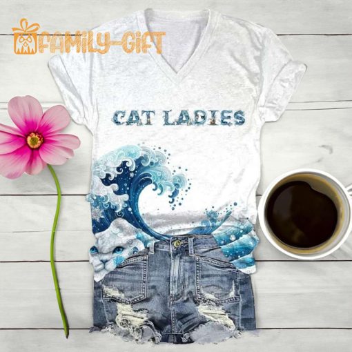 Blue Wave Cat Ladies V-Neck T-Shirt – Women’s Ocean-Inspired Cat Lover’s Tee