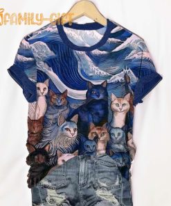 Blue Waves and Cats Print T-Shirt – Artistic Ocean Theme Tee