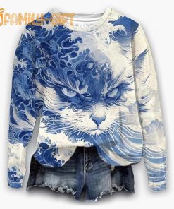 Blue Waves and Cats Printed Sweatshirt Ocean Theme Artistic Design 1