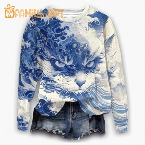 Blue Waves and Cats Printed Sweatshirt – Ocean Theme Artistic Design