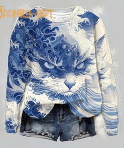 Blue Waves and Cats Printed Sweatshirt Ocean Theme Artistic Design