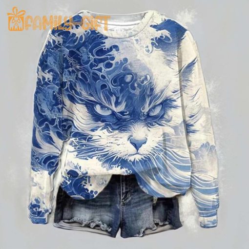 Blue Waves and Cats Printed Sweatshirt – Ocean Theme Artistic Design