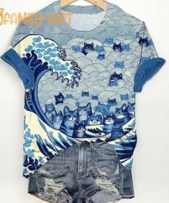 Blue Waves and Cats T Shirt Ocean Theme Graphic Tee for Cat Lovers 1