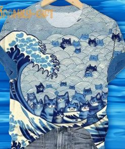 Blue Waves and Cats T-Shirt – Ocean Theme Graphic Tee for Cat Lovers