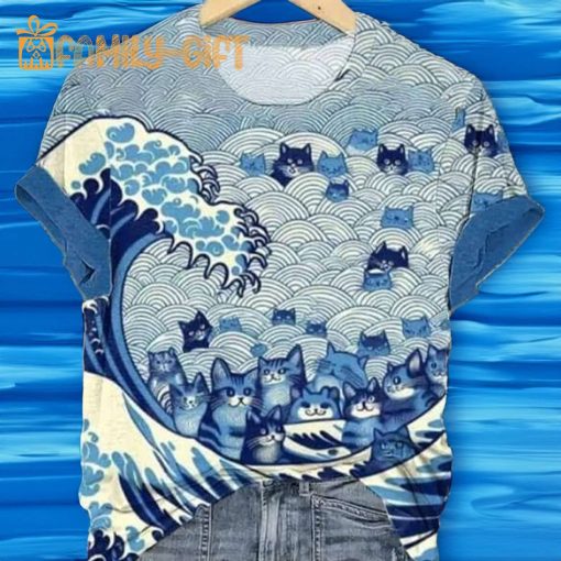 Blue Waves and Cats T-Shirt – Ocean Theme Graphic Tee for Cat Lovers