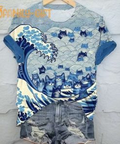 Blue Waves and Cats T Shirt Ocean Theme Graphic Tee for Cat Lovers