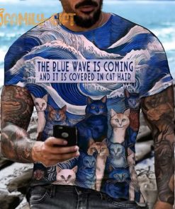 Men’s Blue Wave Cat Hair Print T Shirt Funny Graphic Cat Tee 1