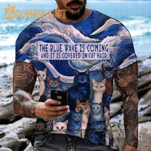 Men’s Blue Wave Cat Hair Print T-Shirt – Funny Graphic Cat Tee