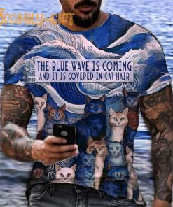 Men’s Blue Wave Cat Hair Print T Shirt Funny Graphic Cat Tee 2