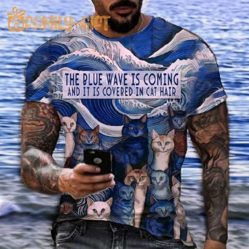 Men’s Blue Wave Cat Hair Print T-Shirt – Funny Graphic Cat Tee