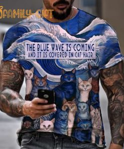 Men’s Blue Wave Cat Hair Print T Shirt Funny Graphic Cat Tee