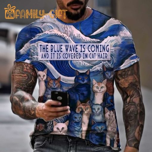 Men’s Blue Wave Cat Hair Print T-Shirt – Funny Graphic Cat Tee