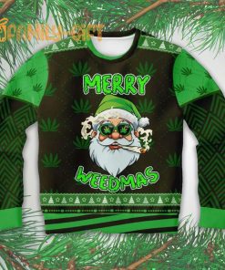 Santa Merry Weedmas Cannabis Ugly Christmas Sweater Fun Holiday Sweater for Weed Lovers