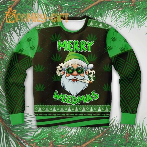 Santa Merry Weedmas Cannabis Ugly Christmas Sweater – Fun Holiday Sweater for Weed Lovers